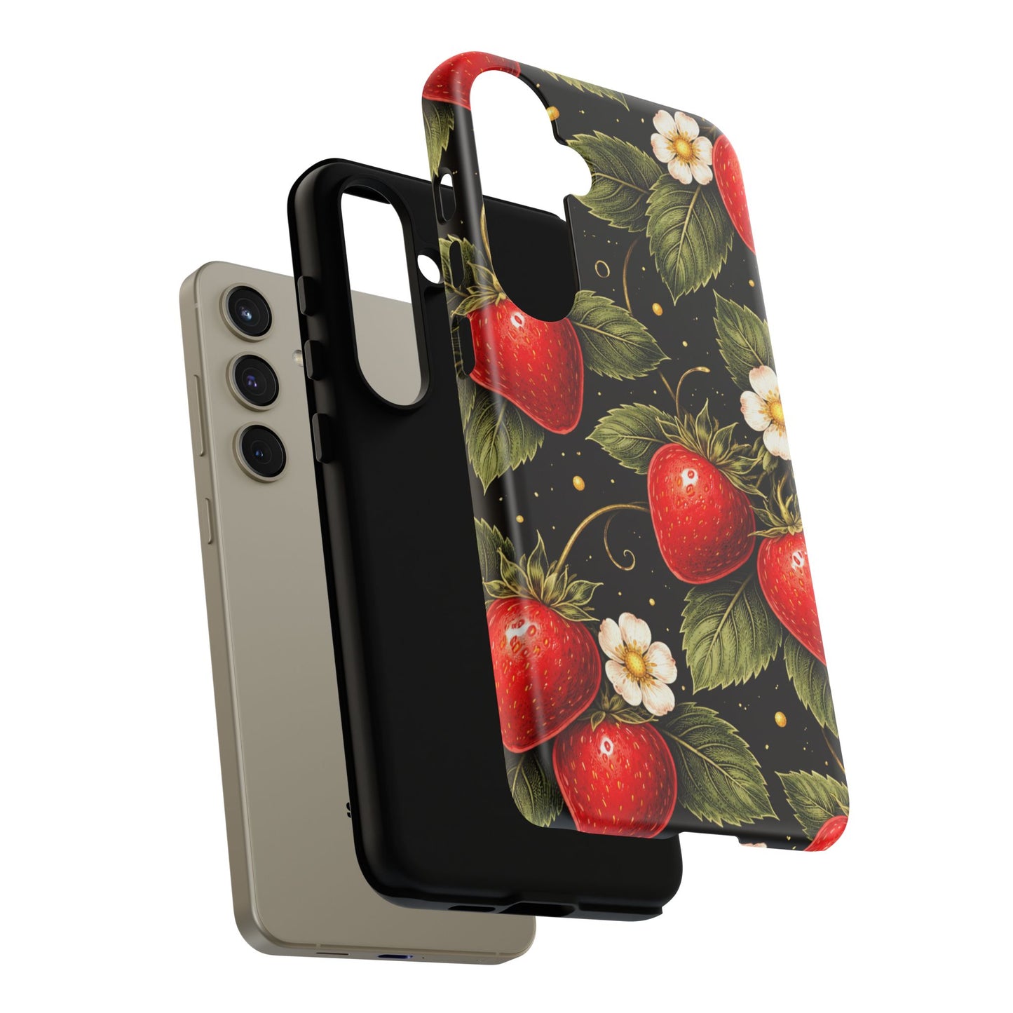 Strawberry Pattern Tough Phone Case — Vintage Red Berry Floral Protective Cover