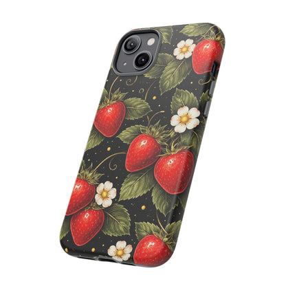 Vintage Strawberry Pattern Tough Iphone Pro Max Case phone case | Black Floral Retro Fruit iPhone 12 13 14 15 16 17 Pro Max Tough Case