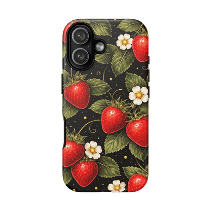 Vintage Strawberry Pattern Tough Iphone Pro Max Case phone case | Black Floral Retro Fruit iPhone 12 13 14 15 16 17 Pro Max Tough Case