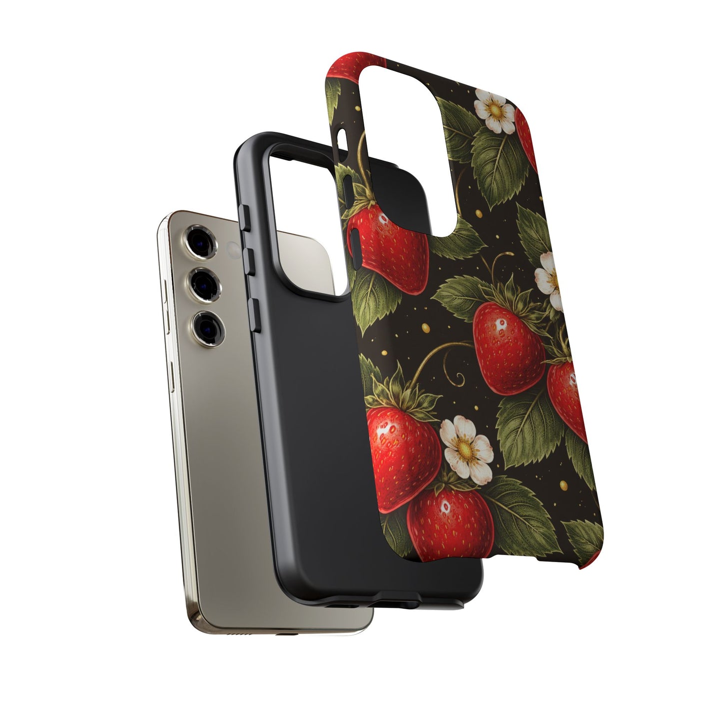 Strawberry Pattern Tough Phone Case — Vintage Red Berry Floral Protective Cover