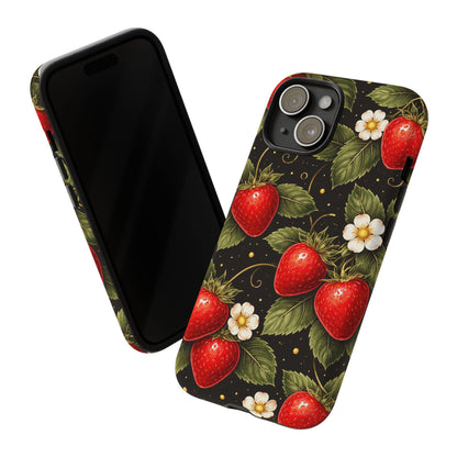 Vintage Strawberry Pattern Tough Iphone Pro Max Case phone case | Black Floral Retro Fruit iPhone 12 13 14 15 16 17 Pro Max Tough Case