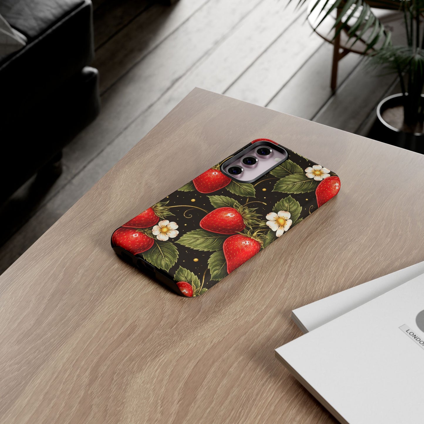 Strawberry Pattern Tough Phone Case — Vintage Red Berry Floral Protective Cover