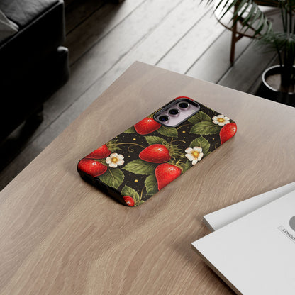 Strawberry Pattern Tough Phone Case — Vintage Red Berry Floral Protective Cover