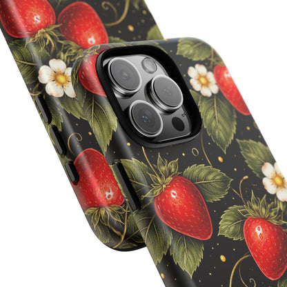 Vintage Strawberry Pattern Tough Iphone Pro Max Case phone case | Black Floral Retro Fruit iPhone 12 13 14 15 16 17 Pro Max Tough Case