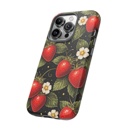 Vintage Strawberry Pattern Tough Iphone Pro Max Case phone case | Black Floral Retro Fruit iPhone 12 13 14 15 16 17 Pro Max Tough Case
