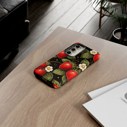 Strawberry Pattern Tough Phone Case — Vintage Red Berry Floral Protective Cover
